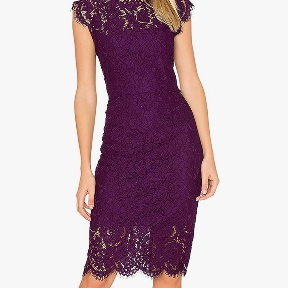 Purple Lace Midi Dress with Cap Sleeves